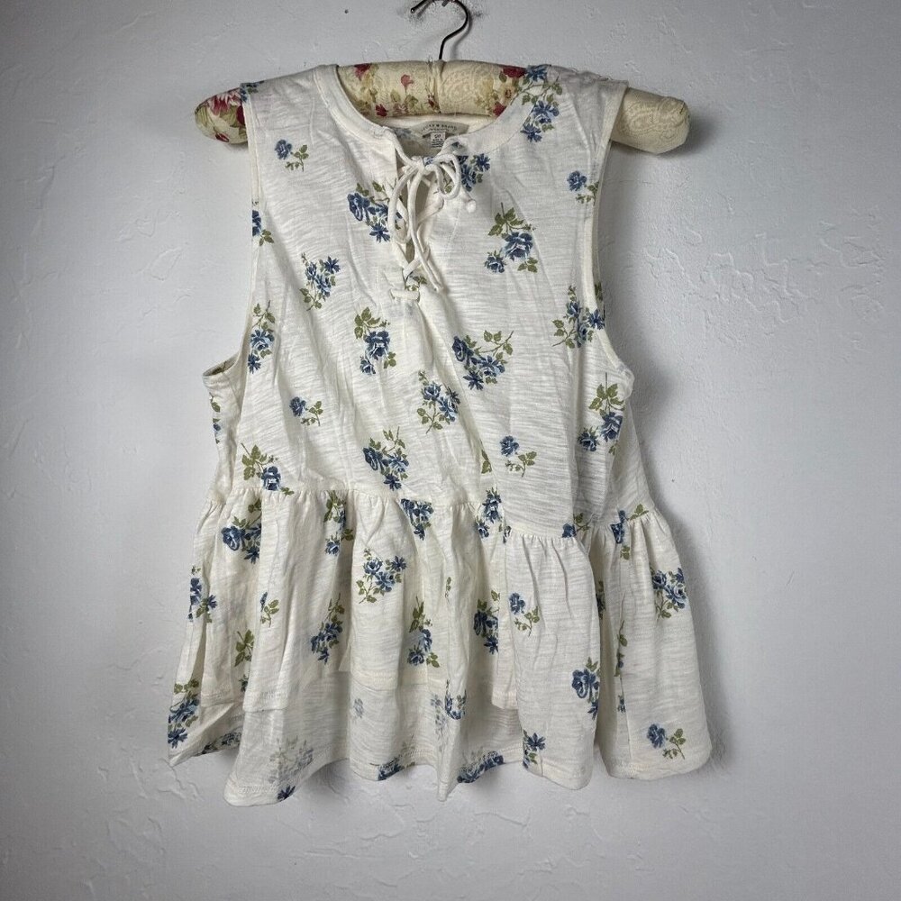 LUCKY BRAND Womens Floral Woven Lace-up Cami Peplum Top Large White Blue New